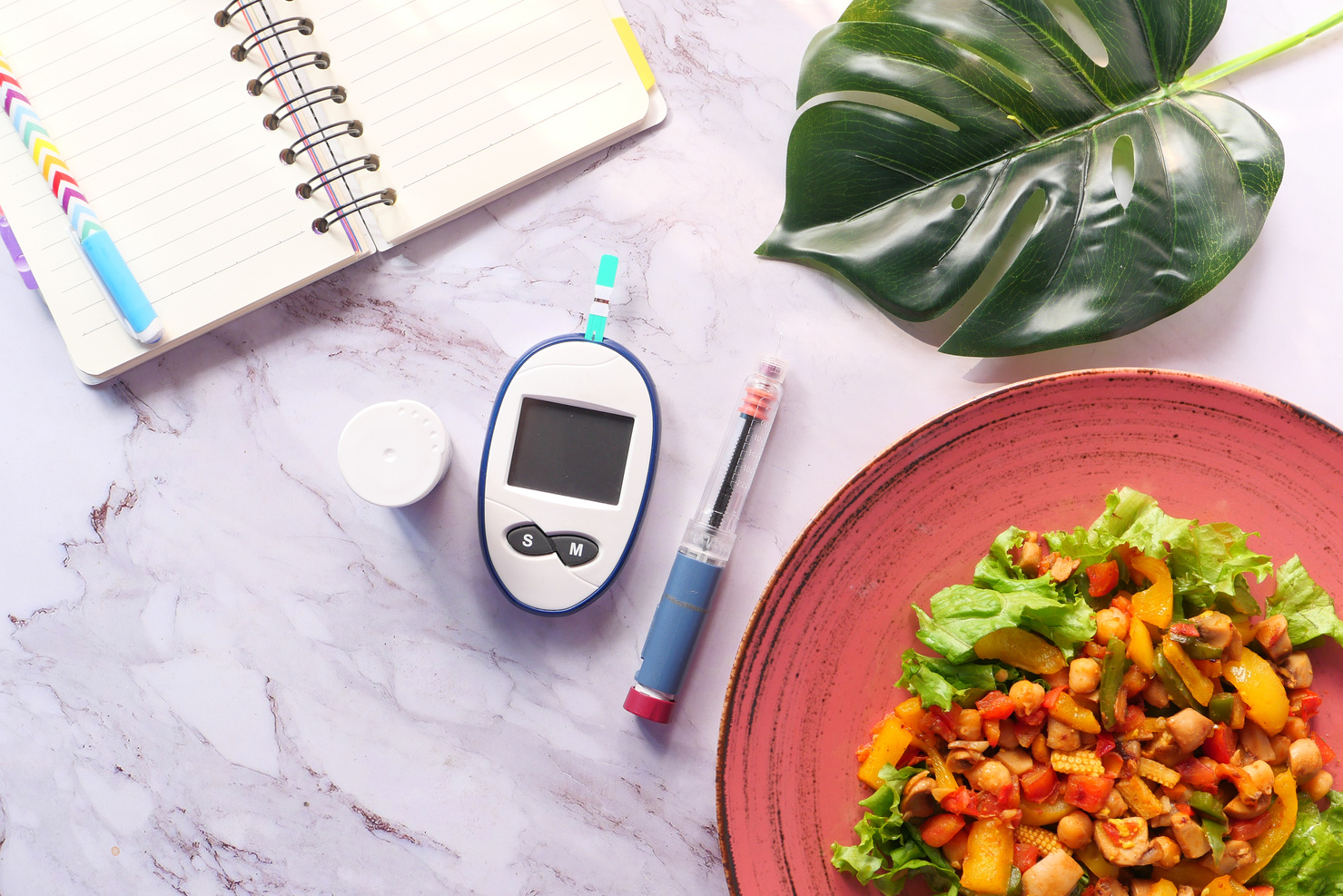 Diabetic Measurement Tools and Insulin Pen and Healthy Food on Table